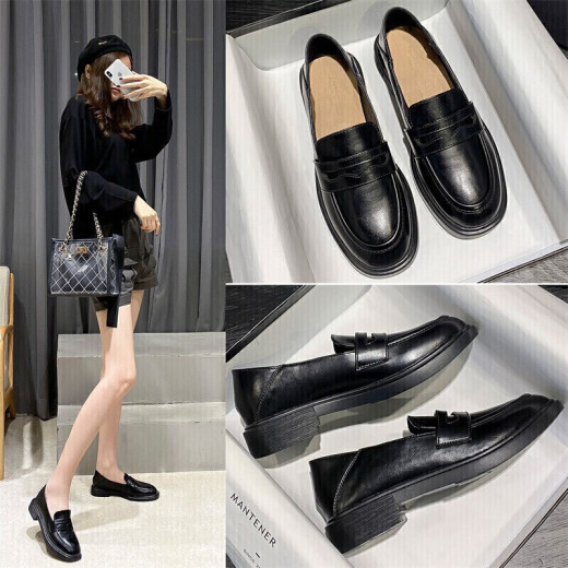 ACESC British style small leather shoes for women, versatile Korean style women's shoes, Lok Fu single shoes for women, EABL0 black single mile 37