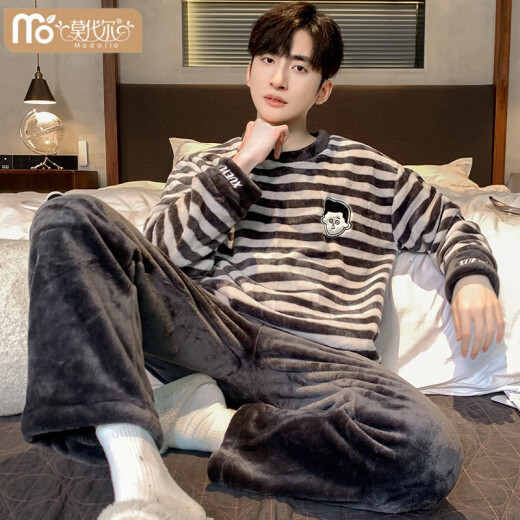 Pajama de terciopelo de coral modal para hombres Autumn and Winter Style más terciopelo engrosado Set cálido Flannel Ropa para el hogar de invierno para hombres K3892- L 100-130Jin [Jin iguala 0.5 kg]