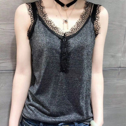 [80-200Jin[Jin is equal to 0.5kg]]Large size women's lace V-neck camisole women's 200Jin[Jin is equal to 0.5kg] Fat mm bottoming shirt top black 2XL size [recommended 140-160Jin[Jin is equal to 0.5kg]]