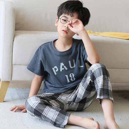 EMBERLOVE男童睡衣纯棉儿童春秋薄款短袖长裤套装大童青少年男孩空调家居服 N9902【短长】 130 14码，【45斤-55斤】