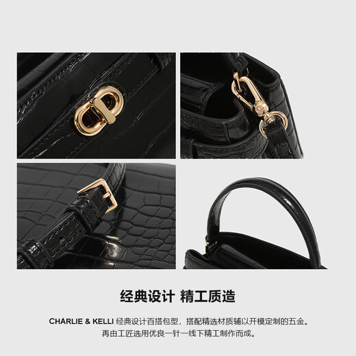 CHARLIE&KELLI CK brand light luxury bag women's bag crocodile pattern Kelly bag women's handheld crossbody bag Valentine's Day birthday gift black Beijing warehouse delivery free brand gift bag