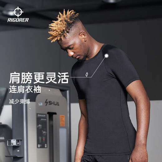 Short-sleeved compressed clothes for men's quick-drying high-elastic fitness clothes for summer training sports running T-shirt short-sleeved base tights Z123210348/pure black [reflective logo] XL (180)