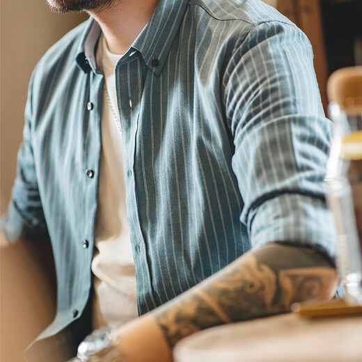 Madden Workwear American Retro Brushed Vertical Stripe Shirt Men's Lapel Casual Long Sleeve Shirt Slim Thin Top Jacket Ancient Blue L