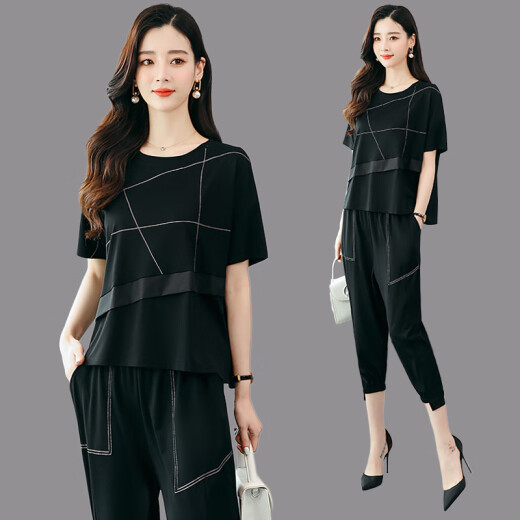 Qinishe wide-leg pants suit for women 2020 summer new women's clothing Korean style temperament fashion casual foreign style age-reducing cropped pants black L105-115Jin [Jin equals 0.5 kg]