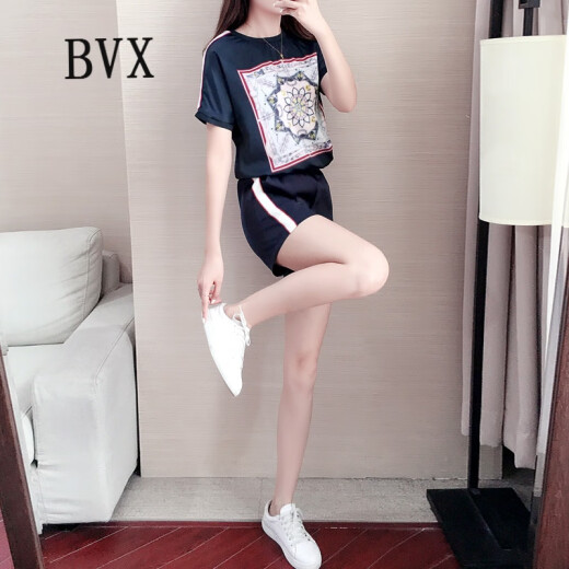BVX Hong Kong trendy brand sports suit women's summer 2020 new European station trendy internet celebrity foreign style short-sleeved shorts summer women's clothing personality fashion casual two-piece set navy blue XXL