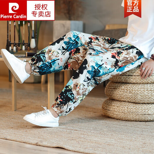 皮尔卡丹（pierre cardin）中国风大码休闲亚麻哈伦裤春秋花裤子男棉麻尼泊尔阔腿灯笼裤针织 中国龙 M