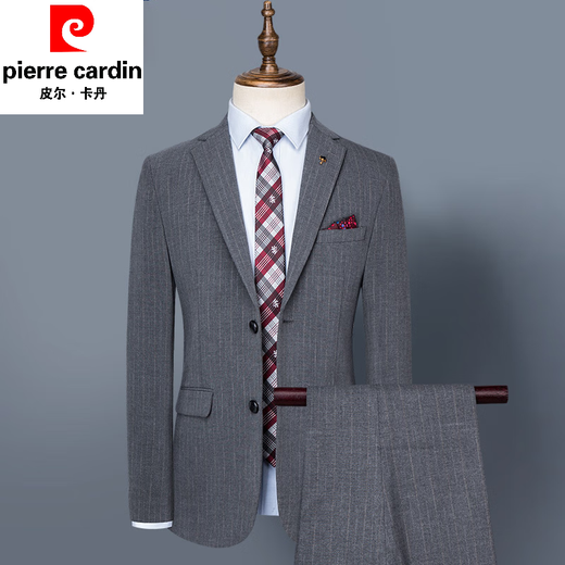 Pierre Cardin Suit Suit Men's Business Casual Professional Wear Striped Double Slit Suit Wedding Groom Dress Photography Studio Knitted Two-piece Set (suit + trousers) XL 180 135-150Jin Jin equals 0.5 kg