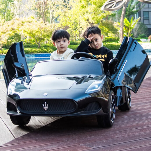 Cool Sun Maserati authorized two-seater electric remote control toy car for babies and children, four-wheeled swing sports car for adults and children, 24V roasted red + light sound motor + soft wheel leather seat remote control