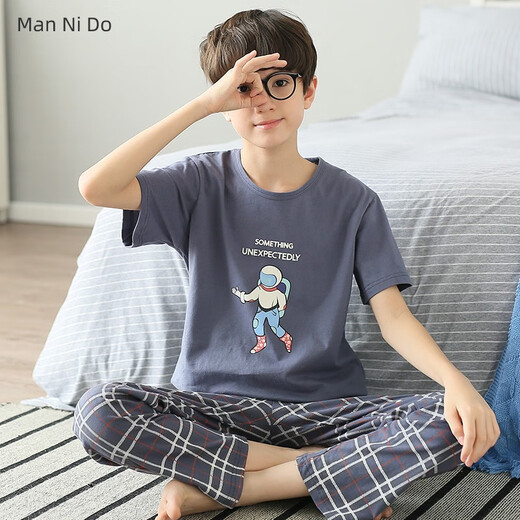 曼妮朵男童夏季薄款纯棉短袖长裤睡衣中大童男孩儿童宝宝春秋家居服套装 N9903【短长】 165 L码建议160-165cm