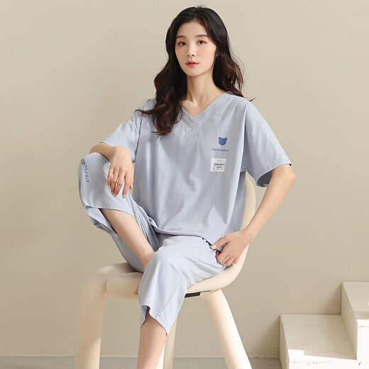 
MEIJILAI pajamas women's spring and summer pure cotton short-sleeved cropped pants cotton summer thin women's home clothing large size set 681 L (height 160-165 weight 100-120)