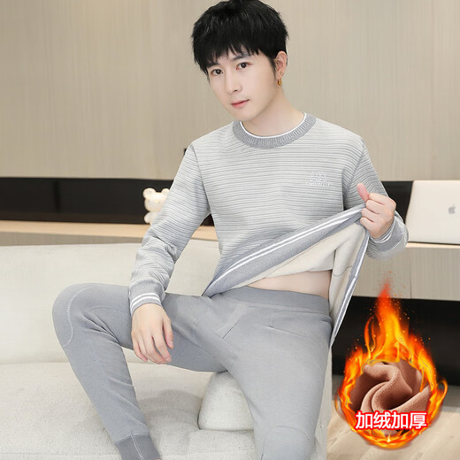 ZENGZHI NIUZAI德绒发热条纹保暖内衣男生套装冬季加绒加厚打底衫青少年秋衣秋裤 689卡其【加绒加厚】 2XL 约115-135斤可穿
