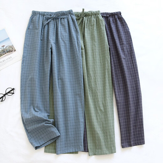 Langsha pyjamas Coton masculin Pure Plaid japonais en liberté de grande taille lavage de coton pantalon à domicile décontracté bleu clair l