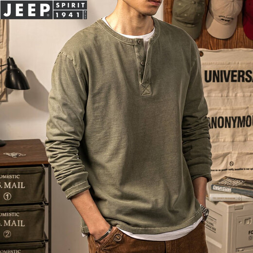 Jeep (JEEP)/Light Luxury 300Jin Jin is equal to 0.5kg. Large size men's American retro Henry shirt Henley collar long-sleeved T-shirt men's solid color coffee base Army green 3XL recommended 200-250Jin Jin is equal to 0.5kg