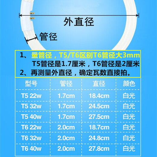 T6t5 ring lamp ceiling fluorescent lamp round four-pin three-color ring energy-saving ballast 22w32w40w T6 white light 32W lamp + ballast package 31-40W