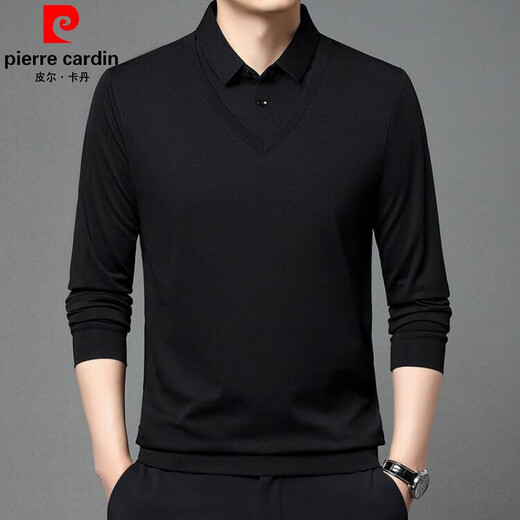 
Pier Cardin brand pure cotton comfortable skin-friendly long-sleeved T-shirt men's spring and autumn casual lapel fake two-piece lapel POLO base shirt black 17084A