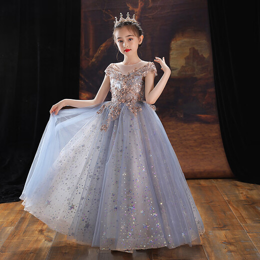 Little Kayi Dicke Kinderkleid Prinzessin Rock High-End Girls Piano Performance Kleidung Langarm Blumen Kinder Hochzeitskleid Little Girl Host Sommer Champagner 1591 Kurzfront und langhältiger Rücken 150