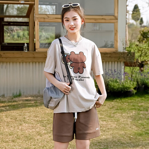 方糖姑娘休闲宽松2025夏季薄新款少女中大童初高中学生短袖T恤可爱印花 5021DYR灰短袖+5035咖色短裤 2XL