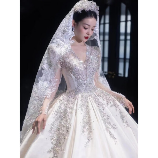 圣华图婚纱2025新款新娘v领重工质感大拖尾长袖缎面法式主婚纱 齐地款+8件套 XL