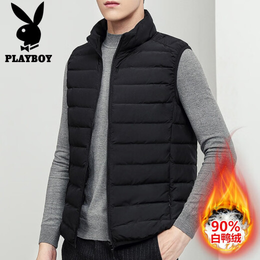 Playboy Down Jacket Vest Men's 2021 Autumn and Winter Korean Trendy New Casual Stand-up Collar Vest Vest Men's Lightweight Warm Youth Sleeveless Jacket Top Clothes 2005 Black XL