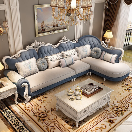 
European sofa art combination modern simple corner size living room technology fabric solid wood simple European sofa 841 fabric sofa [829 light blue 3.6M]