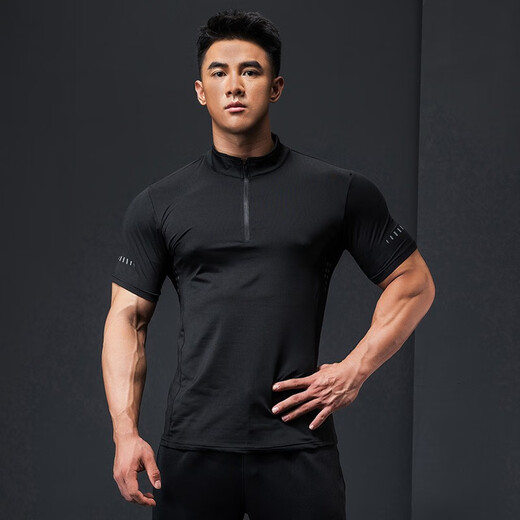 Lutie Dog Fitness Wear Short Sleeve Men's Stand Collar POLO Slim Fit Muscle Showing Quick Drying Breathable High Elasticity Coaching Wear T-Shirt Black XXL