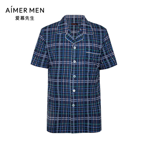 
Mr. Aimu [same style in the mall] 22SS indulgent silky plaid men's pajamas home lapel cardigan short-sleeved NS41F684 dark blue plaid YH8 2XL 180