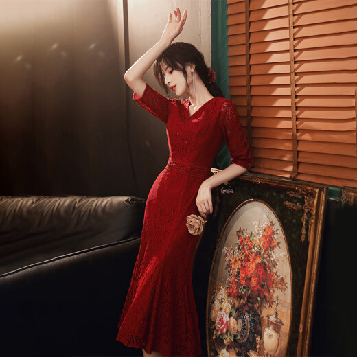 敬酒服晚礼服长袖连衣裙新娘秋冬季酒红色修身结婚鱼尾裙宴会气质酒会 酒红色中长款 S