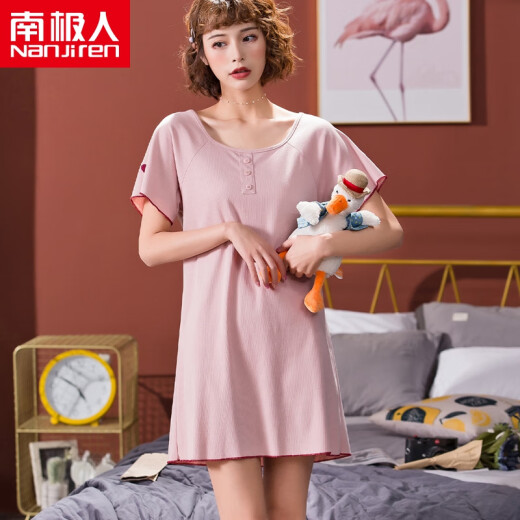 Antarctic nightgown women's pajamas cotton summer sexy strappy short-sleeved home clothes cute girl dress one-piece princess pink M