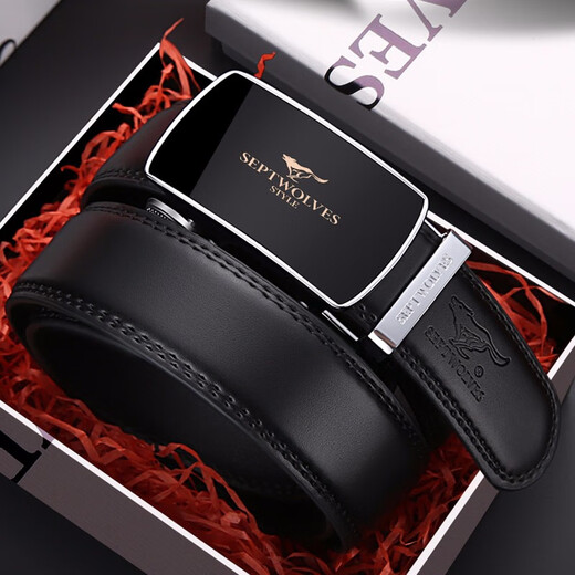 Septwolves belt men's automatic buckle belt fashionable genuine cowhide trouser belt pure business casual youth middle-aged simple trouser belt black model [good choice for gift giving]