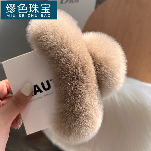 MiU Se Large Real Rex Dragon Hair Back Head Clip Internet Celebrity Oversized Fur Hair Clip Cute Plush Headwear Hair Clip New Year Rex Rabbit Fur Beige 13cm B06