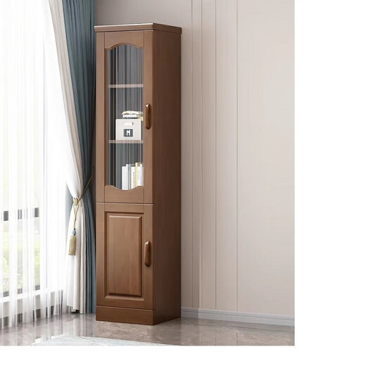 Wu solid wood bookcase wine cabinet with glass door small mini single door side cabinet corner cabinet living room bedroom storage rack storage cabinet Begonia color 40x38x187cm