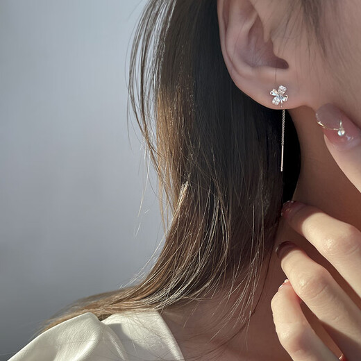 MIMORE S925 silver four-leaf clover tassel ear wire women's trendy high-end temperament earrings sweet and versatile small fresh earrings