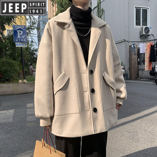 JEEP Men's Casual Windbreaker Spring and Autumn British Style Short Woolen Jacket Trendy Men Youth Loose and Handsome Brand Men's Clothing Black XL Follow the store for priority delivery