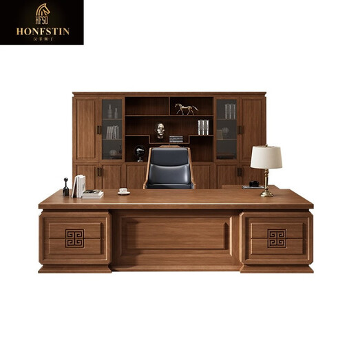 Han Feisting desk boss table solid wood office desk and chair combination executive desk new Chinese style bookcase general manager office furniture 2.0 meters boss table + side table