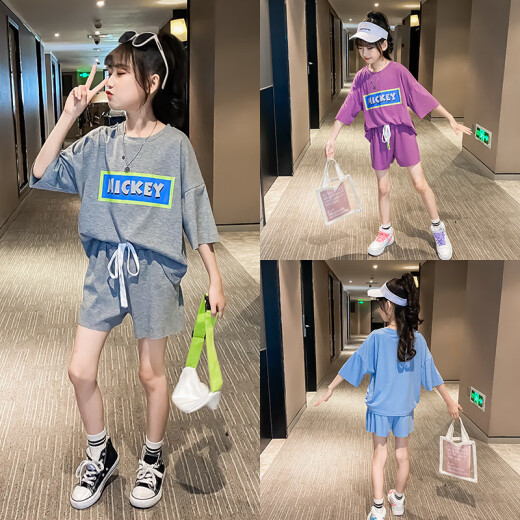 Antarctic Girls Suit 2020 Summer New Children's Casual Short-Sleeved Shorts Medium and Large Children's Western Style Loose Short-Sleeved Sports Two-piece Set Blue 150cm