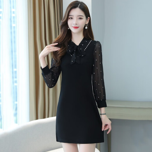 Yalu Free and Easy Autumn and Winter Dress Women's Small Women's Spring Autumn and Winter Fashion Long Sleeve Temperament Slim Mid-length Skirt Women's GGY81320 Black 2XL