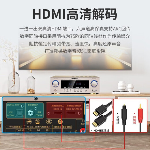 奇声大功率蓝牙定阻5.1家庭影院HDMI功放机家用卡包专业发烧重低音ktv音响高清功率放大器空放机 AV-2609无损HIFI版(带HDMI)