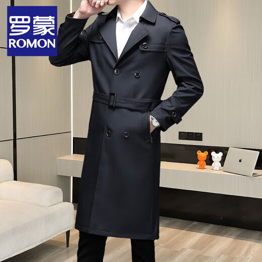 ROMON extra long over the knee spring and autumn versatile windbreaker men's mid-length trendy 2025 autumn and winter new coat double-breasted coat 2168-135 Khaki over the knee L 120-140 Jin Jin equals 0.5 kg