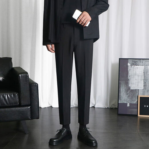 Zuoyoupin pendant small trousers men's nine-point pants Korean style trendy slim feet casual trousers summer straight-leg suit pants (1 piece) black (nine-point pants) 30 Recommended 110-120 Jin [Jin equals 0.5 kg]
