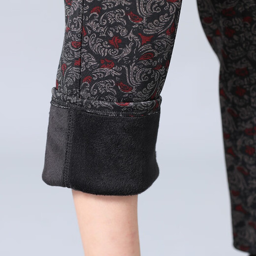 Wanhe winter clothing for middle-aged and elderly people, cotton pants, women's pants, mother's pants, winter thickened outer wear, loose plus velvet elastic waist, 60-year-old 70-year-old lady, winter high-waist print, black flower 3XL