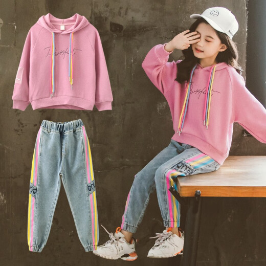 Shangbi Cool Children's Clothing Girls' Suit Spring and Autumn Clothes Children's Sweater Jeans Medium and Large Children's New Korean Style Little Girls' Clothes Spring and Autumn Student Hooded Sports Two-piece Set 3-15 Years Old Pink 150 Sizes [Recommended height is about 1.4 meters]