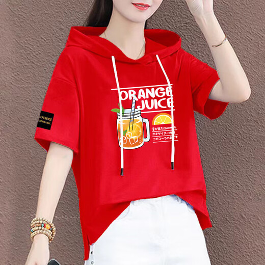 熊司令有戴带帽孑的棉半袖女帽衫短袖t恤连帽女装新款夏季宽松半截袖 蓝色-687袖子标 2XL 2xl