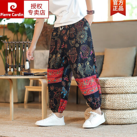 皮尔卡丹（pierre cardin）中国风大码休闲亚麻哈伦裤春秋花裤子男棉麻尼泊尔阔腿灯笼裤针织 中国龙 M
