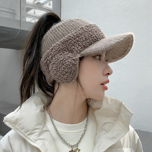 Haoguan peaked cap, winter cycling hat for women, autumn and winter ear protection plus velvet, warm knitted woolen hat, fashionable and versatile, hollow top earmuffs, trendy, coffee color, one size fits all
