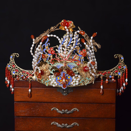 Lingchuan phoenix crown bridal headdress, new Chinese style wedding Hanfu hair crown, dragon and phoenix gown headdress, bride Xiuhe headdress, phoenix crown FS-25131 alloy