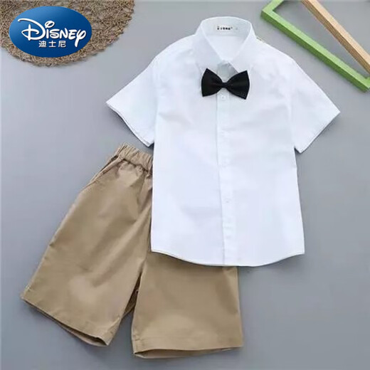 迪士尼（Disney）儿童白衬衫黑裤子男童演出服套装夏季短袖薄款衬衣短西裤两套 男短袖+藏青中裤+纯藏青领带 160 cm