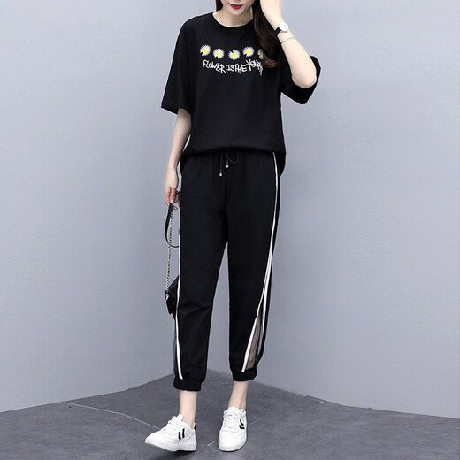 Shanidoluo large size women's suit female fat mm summer fat man looks slim and fat plus size women's loose casual suit 16014 black-little daisy 15911 2XL (recommended 135-150Jin [Jin equals 0.5 kg])