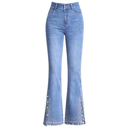 Leichte Luxus neun Punkte leicht ausgestellte Jeans für Frauen 2025 Neue hoch taillierte schlanke kleine Seitenschlitz-Glockenbodenhose für Frauen Blau 6621 Frühlings- und Sommerdünn L /28 105-115jin [Jin entspricht 0,5 kg]