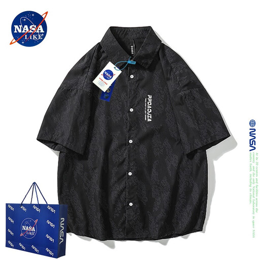 NASA LIKE官方潮牌衬衫夏季冰丝短袖男女日系宽松休闲衬衣百搭青少年上衣T NASA联名-白色 2XL（建议135-150斤）