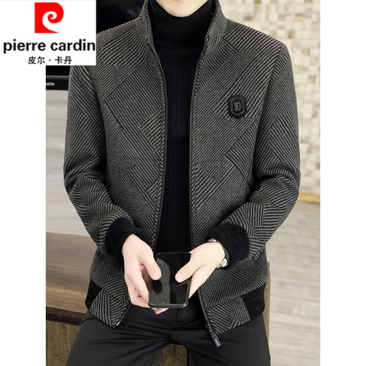 Pierre cardin autumn and winter jacket men's jacket plus velvet thickened medium and short style woolen coat lapel woolen grey 836 M (100-115Jin [Jin equals 0.5 kg])